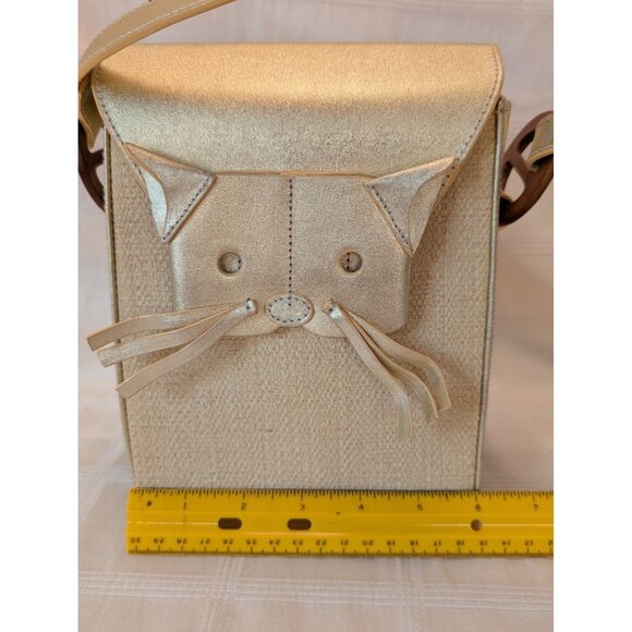 Cat Theme Gold Shoulder Bag W/ Whisker & Tail Detail Faux Leather Purse Unique - Picture 6 of 13